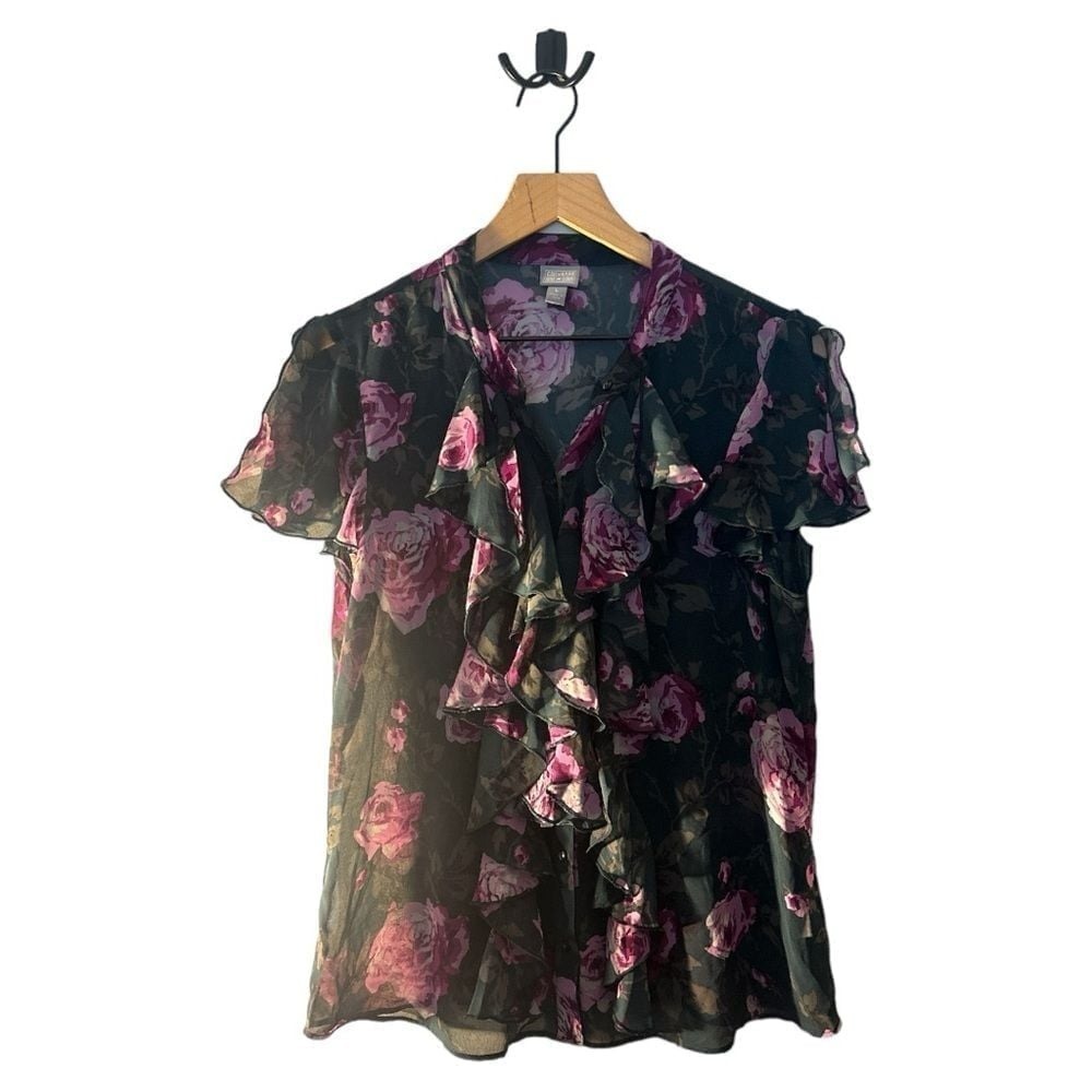 Converse One Star Floral Ruffle Blouse Top Sheer Pink Roses Large